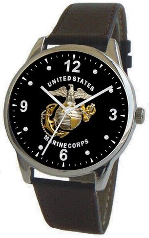 Marines Emblem Classic Watch with Large Polished Chrome Case and Black Leather Strap in Saudi Arabia
