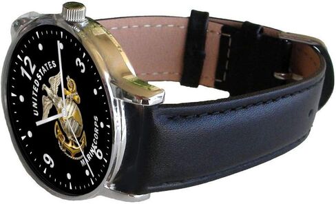 Marines Emblem Classic Watch with Large Polished Chrome Case and Black Leather Strap in Saudi Arabia