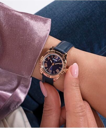 GUESS Women's 30mm Watch - Blue Leather Strap Navy Dial Rose Gold Tone Case in Saudi Arabia