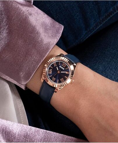 GUESS Women's 30mm Watch - Blue Leather Strap Navy Dial Rose Gold Tone Case in Saudi Arabia