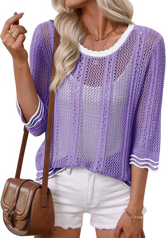 LOMON Womens Summer 3/4 Sleeve Sweater Scoop Neck Casual Crochet Hollow Out Knit Tops Pullover Shirts Blouse in Saudi Arabia