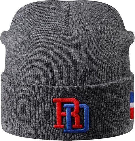 Gray Dominican Republic Embroidered Beanie for Men & Women, Soft Knit Winter Skull Cap with RD Letter Patch & Flag Stitch, Warm Stretchy Cuffed Hat for Outdoor Sports, Daily Wear & Gifts in Saudi Arabia