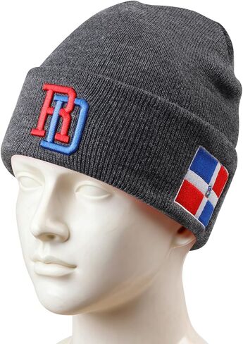Gray Dominican Republic Embroidered Beanie for Men & Women, Soft Knit Winter Skull Cap with RD Letter Patch & Flag Stitch, Warm Stretchy Cuffed Hat for Outdoor Sports, Daily Wear & Gifts in Saudi Arabia