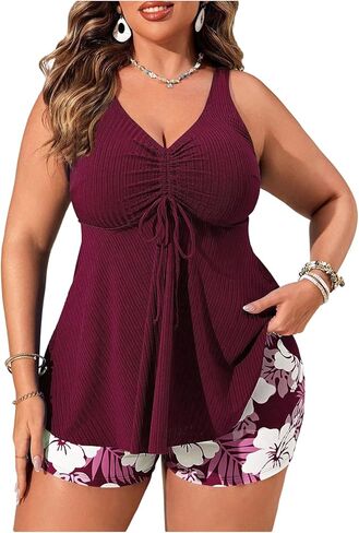 Women's Plus Size 2 Piece Tankini Sets Ribbed V Neck Drawstring Swimsuits with Floral Boyshorts in Saudi Arabia