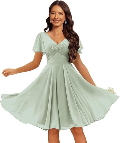 Flutter Sleeve Pleated Bridesmaid Dresses Short with Pockets V Neck Chiffon Empire Waist Formal Dress for Women in Kuwait