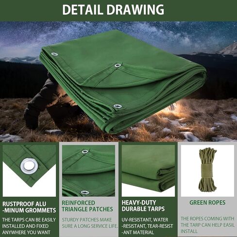 FoundGo قماش القنب 4x4ft الثقيلة الأقمشة المقاومة للماء مع الحلقات، مقاومة للأشعة فوق البنفسجية، 22 مل من القماش المشمع، 14 أوقية أغطية قماش متينة للسيارة، السقف، القارب، المخيم، المظلة، كومة الخشب مع الحبال-الأخضر in Kuwait