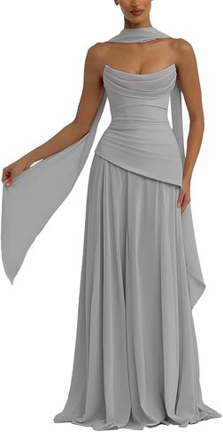 فساتين وصيفة العروس من الشيفون بدون حمالات للنساء من ForElise مع وشاح ومشد طويل ورقبة واسعة على شكل حرف A فساتين رسمية in Kuwait