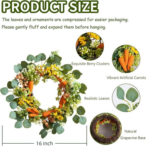 Carrot Wreath for Front Door Decorative Easter Wreath with Carrots Eucalyptus Leaves and Berries Spring Decorations Easter Door Wreath for Home Party Easter Gifts Celebrations in Saudi Arabia