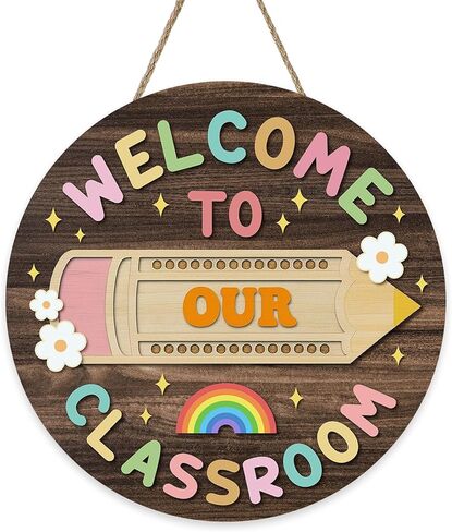 Welcome to Our Classroom Front Door Sign, Back to School Educational Pencil Rainbow Wooden Hanger Home Decor, Preschool Elementary Wreath Indoor Wall Hanging Decoration Teacher Supply Gifts in Saudi Arabia