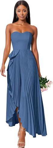 Satin Strapless Bridesmaid Dresses for Women Long A Line Prom Dress with Slit Pleated Wedding Formal Dress in Kuwait