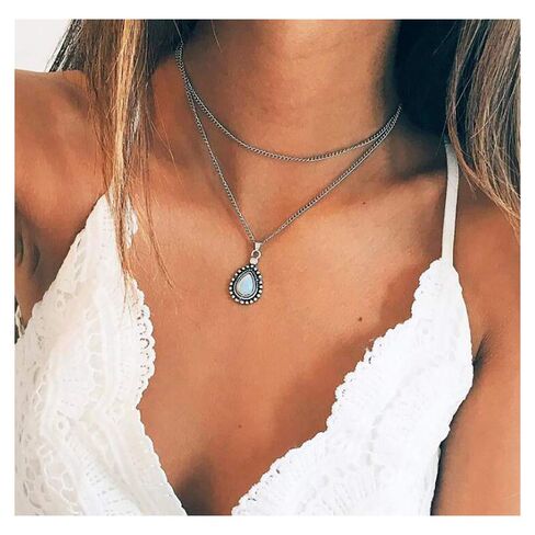 Aimimier Bohemia Layered Opal Choker Necklace Gemstone Necklace Teardrop Necklace Opal Gem Charm Pendant Necklace Gemstone Statement Jewelry for Women in Kuwait