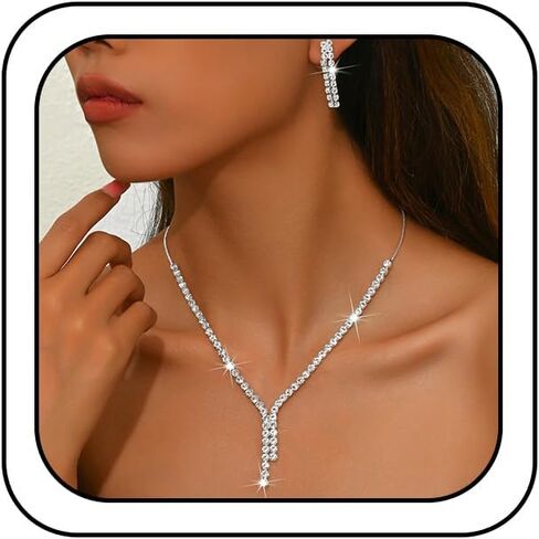 Fashion Silver Sparkly Rhinestone Choker Necklace Earrings for Women Bling Simple Y2k Zircon Long Tassel Stud Earring Necklaces Statement Jewelry Gift in Saudi Arabia