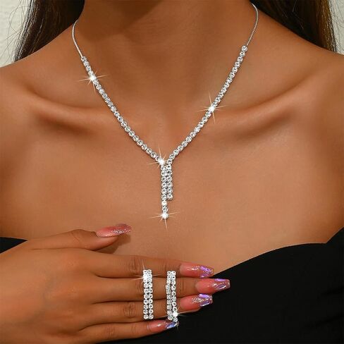 Fashion Silver Sparkly Rhinestone Choker Necklace Earrings for Women Bling Simple Y2k Zircon Long Tassel Stud Earring Necklaces Statement Jewelry Gift in Saudi Arabia