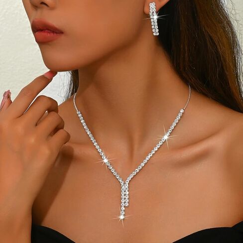 Fashion Silver Sparkly Rhinestone Choker Necklace Earrings for Women Bling Simple Y2k Zircon Long Tassel Stud Earring Necklaces Statement Jewelry Gift in Saudi Arabia