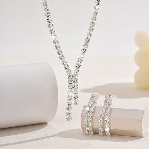 Fashion Silver Sparkly Rhinestone Choker Necklace Earrings for Women Bling Simple Y2k Zircon Long Tassel Stud Earring Necklaces Statement Jewelry Gift in Saudi Arabia