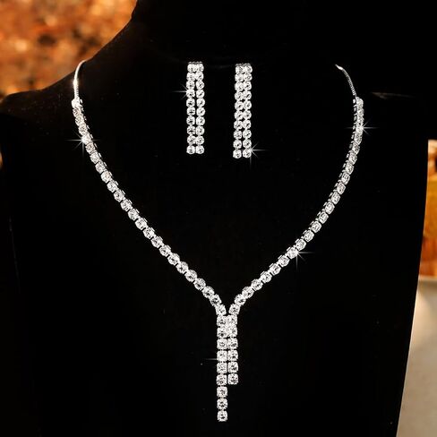 Fashion Silver Sparkly Rhinestone Choker Necklace Earrings for Women Bling Simple Y2k Zircon Long Tassel Stud Earring Necklaces Statement Jewelry Gift in Saudi Arabia