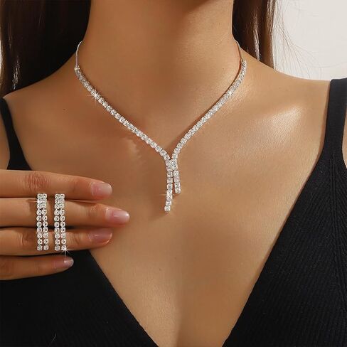 Fashion Silver Sparkly Rhinestone Choker Necklace Earrings for Women Bling Simple Y2k Zircon Long Tassel Stud Earring Necklaces Statement Jewelry Gift in Saudi Arabia