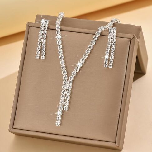 Fashion Silver Sparkly Rhinestone Choker Necklace Earrings for Women Bling Simple Y2k Zircon Long Tassel Stud Earring Necklaces Statement Jewelry Gift in Saudi Arabia
