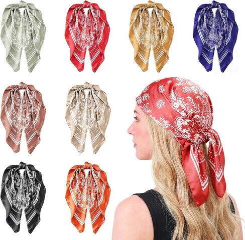 8Pcs Head Scarf for Women 25'' Square Satin Hair Neck Scarves Large Shawl Bandanas Hair Wraps Scarf for Sleeping in Kuwait