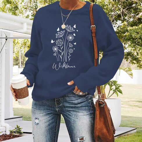 Flower Graphic Sweatshirt for Women 80s Vintage Minimalistic Floral Printed Long Sleeves Shirt Loose Pullovers Tops in Saudi Arabia