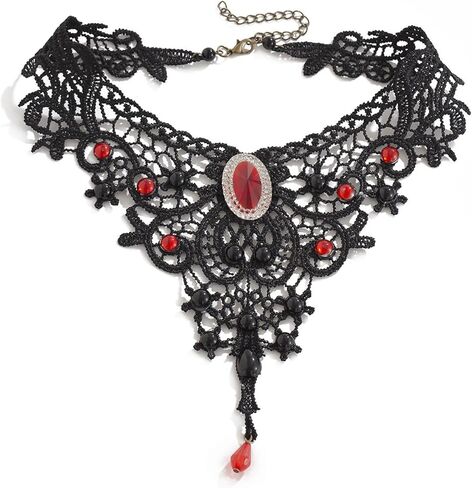 Black Gothic Choker Necklace for Women Lace Collar with Red Crystal Tassel Pendant Punk Vampire Witch Costume Accessories Vintage Goth Jewelry for Halloween Party in Kuwait