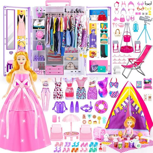 110 Pcs Doll Clothes and Accessories - Doll Dress up Toys for Girls with Wedding Dresses, Casual Dresses, Casual Jumpsuit, Swimsuits Bikini, Glasses, Shoes, Hangers, Doll Clothes Toys for Girl Gift in Kuwait
