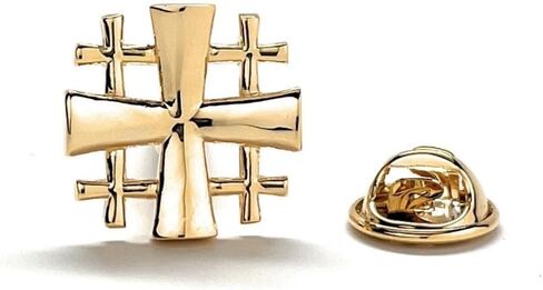 Gold Jerusalem Cross Lapel Pin – Christian Crusader Shield Brooch for Men, Religious Gift for Pastors, Clergy, Baptism, Confirmation, Handmade Church Jewelry in Saudi Arabia