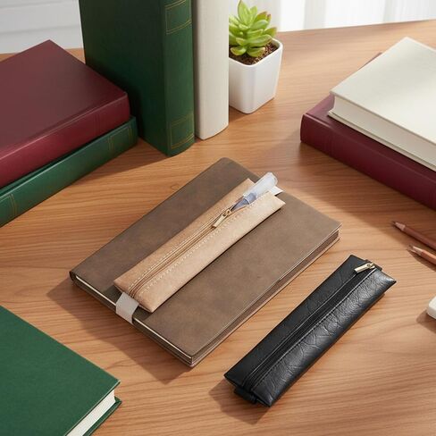 2Pcs Elastic Pen Holder for Notebook, PU Leather Adjustable Pen Sleeve Pouch Bible Journaling Pens & Pencils Bag Notebook Pen-Sleeve Zipper Pouch for Planners Binders Book (Brown, Black) in Kuwait