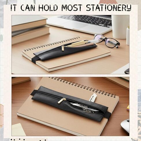 2Pcs Elastic Pen Holder for Notebook, PU Leather Adjustable Pen Sleeve Pouch Bible Journaling Pens & Pencils Bag Notebook Pen-Sleeve Zipper Pouch for Planners Binders Book (Brown, Black) in Kuwait