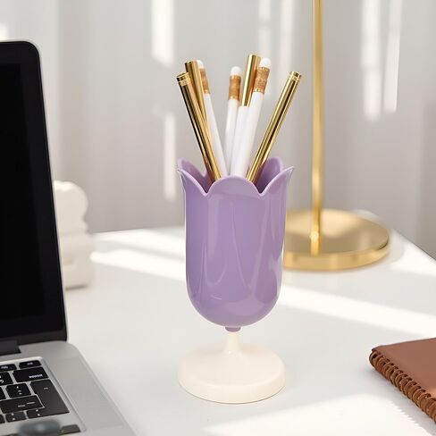 Purple Pen Holder for Desk, Plastic Tulip Pen Holder Cute Stationery Organizer Pencil Stand Case Pencil Cups Desktop Decoration Pencil Holders in Kuwait