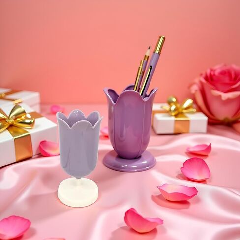 Purple Pen Holder for Desk, Plastic Tulip Pen Holder Cute Stationery Organizer Pencil Stand Case Pencil Cups Desktop Decoration Pencil Holders in Kuwait