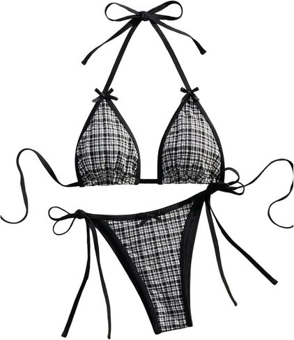 SHENHE Women's Triangle String Bikini Set Gingham Plaid Print Halter Bow Swimsuits 2 Piece in Saudi Arabia
