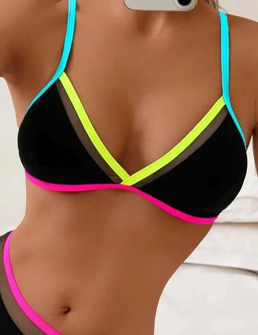 Women’s Two Piece Bikini Set, with Neon Trim, Adjustable Straps Swimsuit, Fashion Black Swimwear for Beach and Pool in Saudi Arabia