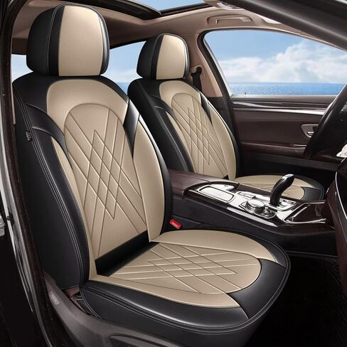 أغطية مقاعد السيارة الأمامية من YORKNEIC لسيارة Ford Maverick 2022 2023 2024 2025 2026 أغطية مقاعد من الجلد الصناعي مضادة للماء مع وسادة هوائية متوافقة (أسود وبيج) in Saudi Arabia