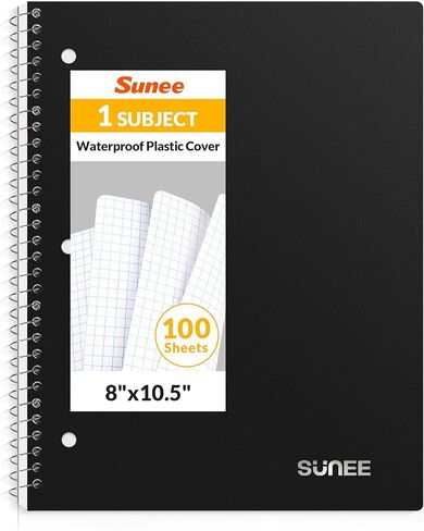 SUNEE Spiral Notebook, 1-Subject, Graph Ruled Paper, 8" x 10-1/2", 100 Sheets per Notebook, 3-Hole Punched Paper, Water Resistant Cover, Spiral Grid Notebooks for Work, Home, School, Writing, Black in Kuwait