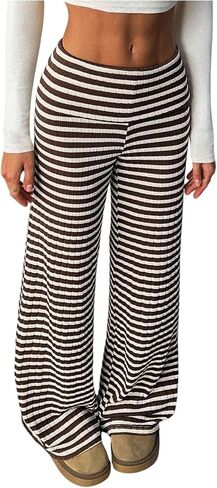 QJQ Women's Striped Knit Wide Leg High Waisted Pants Textured Elastic Waist Casual Lounge Trousers in Saudi Arabia