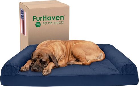 Furhaven Cooling Gel Dog Bed for Medium/Small Dogs w/ Removable Bolsters & Washable Cover, For Dogs Up to 35 lbs - Luxe Faux Fur & Performance Linen Sofa - Woodsmoke, Medium in Kuwait