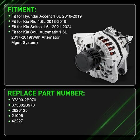 37300-2B970 Alternator Fit for Hyundai Accent 1.6L L4 2018-2019 for Kia Rio 2018-2019 Seltos 2021-2024 Soul Automatic 1.6L 2017-2019130A 12V CW 6-Groove Clutch Pulley in Saudi Arabia
