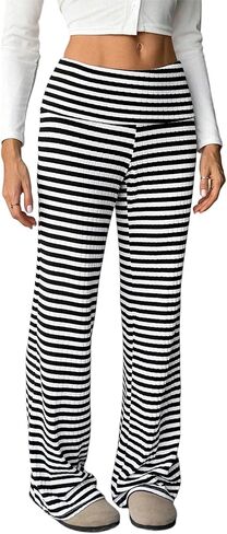 QJQ Women's Striped Knit Wide Leg High Waisted Pants Textured Elastic Waist Casual Lounge Trousers in Kuwait