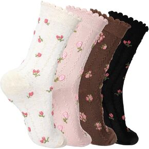 4 أزواج من الجوارب اللطيفة للنساء، جوارب زهرية مكشكشة، جورب قطني كاجوال، جورب الخس، مقاس 5-7 in Kuwait