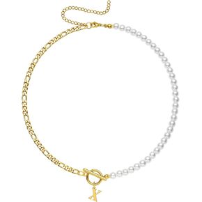 قلادات اللؤلؤ الأولية للنساء 18K الذهب الفولاذ المقاوم للصدأ حرف A-Z قلادة فيجارو سلسلة 16 + 3 بوصة مجوهرات هدية لها in Kuwait