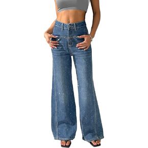 بنطلون جينز Palazzo نسائي واسع الساق من Yehopere فضفاض عالي الخصر من قماش الدنيم اللامع وحجر الراين فضفاض من Boyfriend Jean in Kuwait