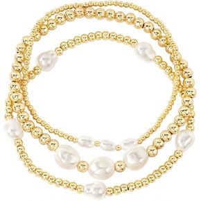 Gold Beaded Bracelet Stack for Women - 14K Gold Plated Beads Stretch Pearl Bracelets Set, Non Tarnish Trendy Stackable Jewelry Gifts for Birthday Beach Vacation Prom Friendship in Kuwait