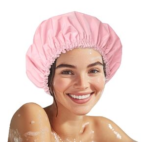 Shower Cap for Women, Double Layer Waterproof Bath Cap, Reusable Hair Protector, Large Waterproof Shower Bonnet Washable Elastic Band Bath Hair Hat for Long Hair, Braids， - Pink in Kuwait