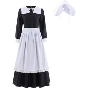 Historical Colonial Costume Pioneer Maid Apron Dress Pilgrim Women Costume Fancy Dress with Bonnet in Kuwait