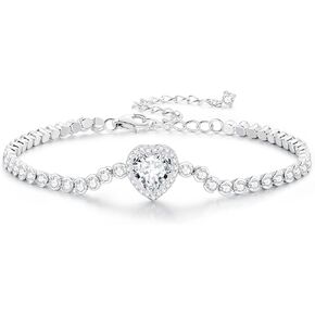 Silver Bracelets for Women - 925 Sterling Silver Heart CZ Bracelet - Adjustable Delicate Cubic Zirconia Jewelry with Gift Box - Gift for Her Wife Girlfriend in Saudi Arabia