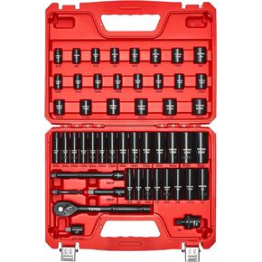 VEVOR Impact Socket Set 3/8" Drive, 50-Piece Standard SAE (5/16 to 3/4 inch) & Metric (8 to 22 mm) Size, Deep & Shallow, 6 Point, CR-V, Extension Bars, Universal Joint, Reducer, Hex Shank Adapter in Kuwait