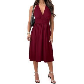 Womens Halter Neck Deep V-Neck Midi Dress with Built-in Bra Pockets Backless Tie Waist Sleeveless A-Line Dresses in Kuwait