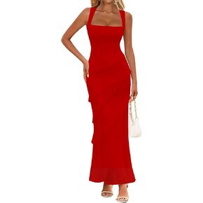 فستان HOCILLE نسائي مثير برقبة مربعة أنيق بدون أكمام مكشكش وحفلات الكوكتيل in Kuwait