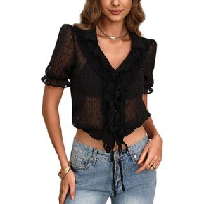Womens V Neck Lace Ruffle Short Sleeve Tie Crop Tops Sheer Chiffon Blouses Dressy Casual Button Down Shirts in Kuwait